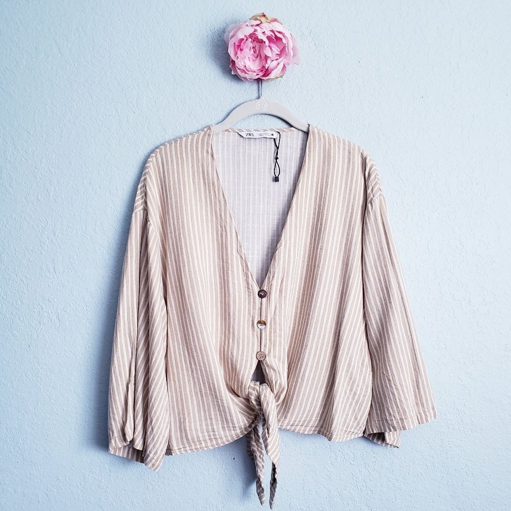 Zara Linen Blend Striped Front Knot Top